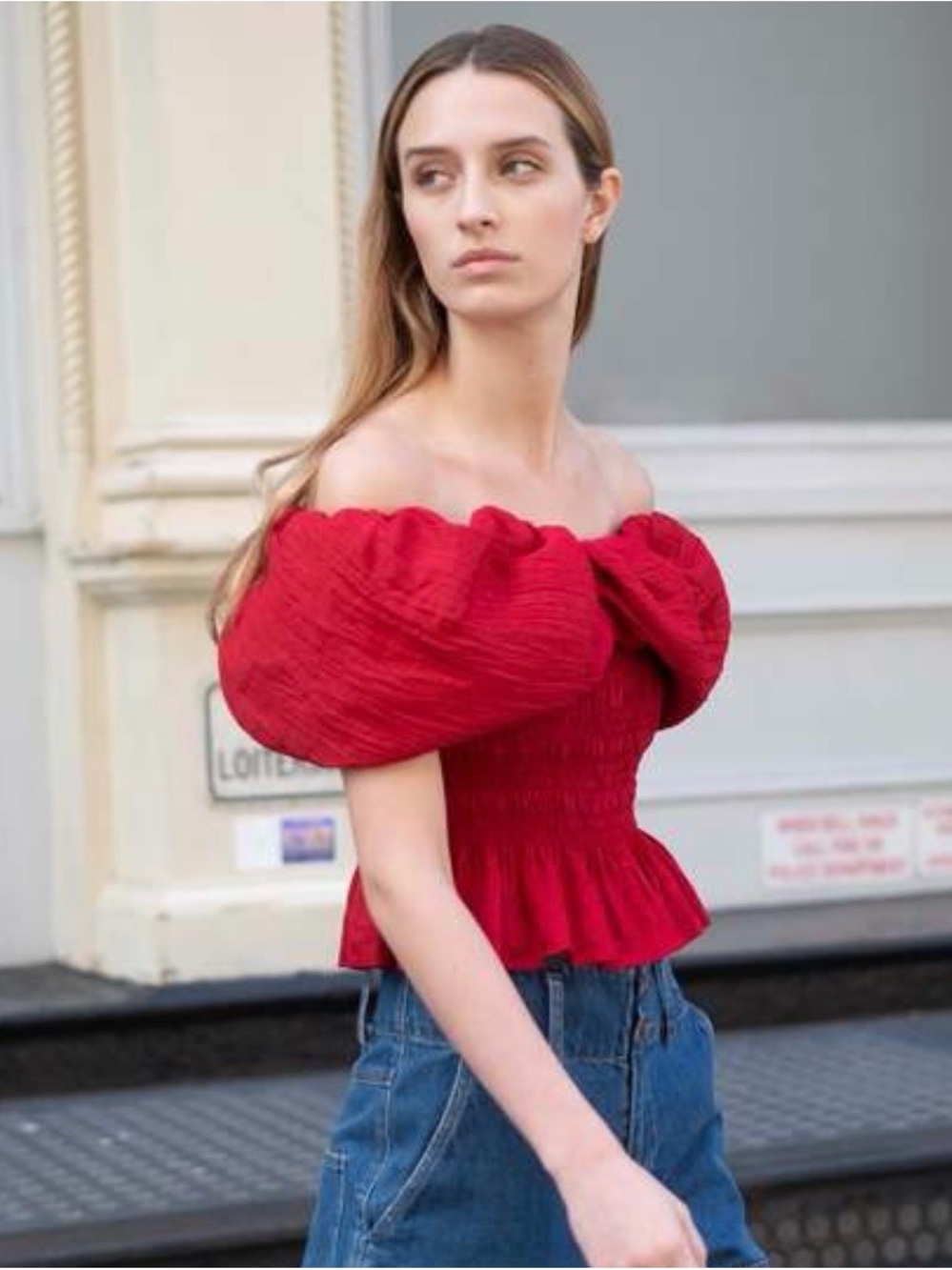 Sea New York Loren Off‑Shoulder Puff Sleeve Red  Top